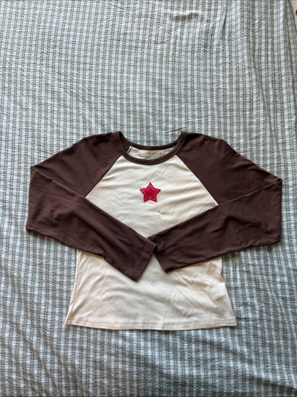 Women's Cream and Brown Raglan Long-Sleeve Tee with Red Star